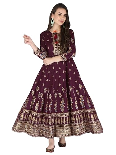 Image of Aj Art Anarkali Kurti for Women and Girls Floral Golden Print Regular Slim Fit Rayon Blue (Set of 1)