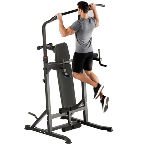 HOMCOM Estación de Musculación Torre de Entrenamiento Altura Ajustable con Barra de Dominadas y Banco Plegable para Fitness en Casa Gimnasio Carga 150 kg 99x178x230 cm Negro