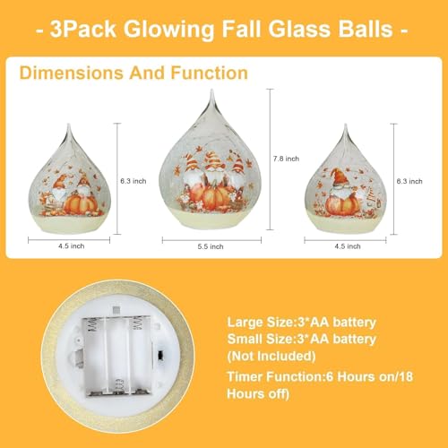 NEEDOMO Thanksgiving Table Decor, Set of 3 Teardrop Crackle Glass Ball with LED Lights Timer Pumpkin Gnomes for Fall Decor, Autumn Centerpieces Thanksgiving Decorations for Home Tabletop Mantel Indoor - Image 3