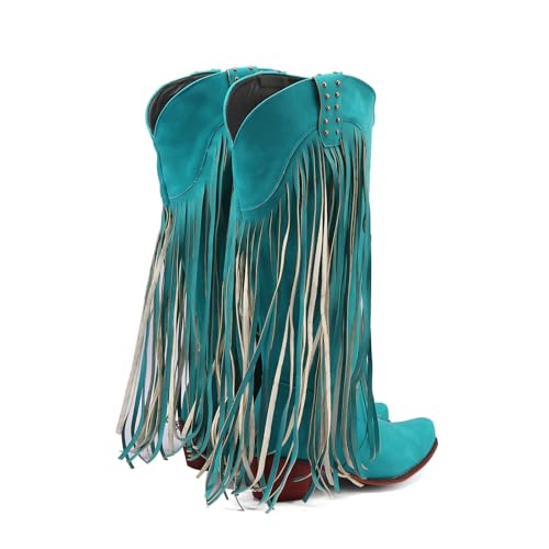 Image of KiutSymo Mid Calf Fringe Boots For Women Cowboy Pointed Toe Chunky Heels Cowgirl Western Tassel Boots