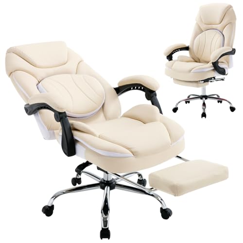 linting Comfortable Reclining Office Chairs with Lumbar Support Footrest, PU Leather Wide Seat Managerial Executive Chairs, 300lbs Recliner Desk Chair with Wheels for Women (9318-2 Beige)