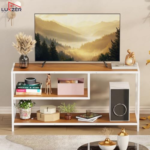 Image of Lukzer Metal & Engineered Wood TV Unit Stand Ideal for TVs Up to 43 Inch | MTU-001 /White + Oak Brown | Open Shelves for WiFi Router, Set-Top Box, Speakers & Decor | Living Room Storage Rack Organizer