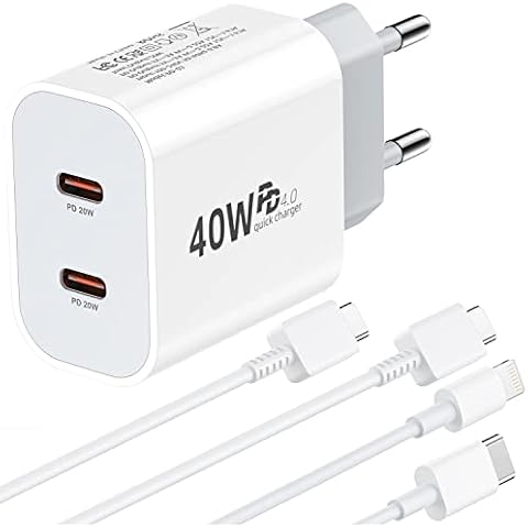 Cargador iPhone y iPad dual USB-C 20W con Cable Lightning y Cable USB C 2M Cover