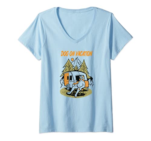 Womens Relax dog on vacation, caravan dog camping FUN outfit V-Neck T-Shirt, Blue