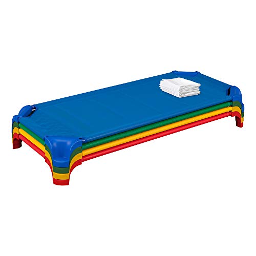 Sprogs Deluxe Heavy-Duty Childrens Standard 52"L Stackable Daycare Cot With Easy Lift Corners Cots For Preschool Kids Sleeping, Resting, And Naptime, Spg-16138-As, Blue, Green, Red, Yellow (Pack Of 4) #TOP2