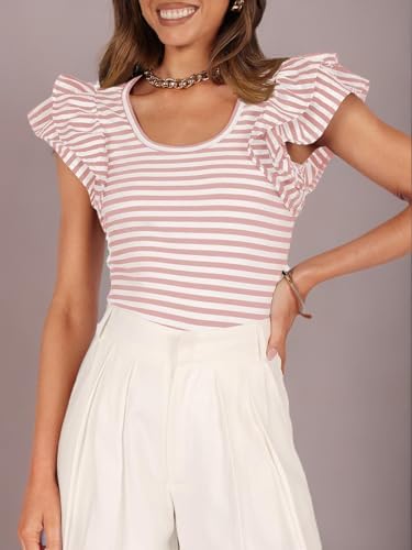 ZESICA Women's Ruffle Short Sleeve Striped T Shirts Summer Scoop Neck Slim Fitted Causal Basic Tee Tops,Pink,Medium