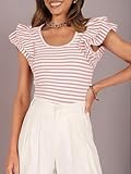 ZESICA Women's Ruffle Short Sleeve Striped T Shirts Summer Scoop Neck Slim Fitted Causal Basic Tee Tops,Pink,Medium