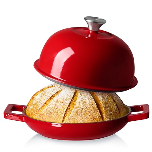CAROTE Enameled Cast Iron Bread Dutch Oven, Round Bread Oven Pot with Dome Lid for Homemade Sourdough Bread Baking, Healthy & Non-Toxic, Dual Handles, All Stovetop Compatible, Oven Safe up to 500° F, 1.5 Quarts, 9 Inches, Red