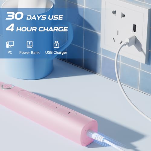 Elektrische Zahnbürste 40000 VPM Wiederaufladbare Schallzahnbürste mit 8 Bürstenköpfen Reiseetui, Smart Timer 5 Reinigungsmodi Letzte 30 Tage Elektrische Zahnbürsten für Erwachsene (Rosa) – Bild 6