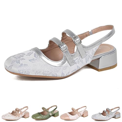 Women's Mary Jane Square Closed Toe Low Block Heel Pumps Satin Embroidered Slingback Chunky Heels Office Dressy Shoes