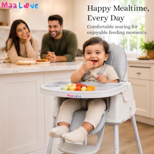 Image of Maa Love 4-in-1 Baby High Chair for 0-5 Years, Adjustable Height Feeding Chair with Detachable Tray, One-Hand Fold, Multifunctional High Chair (Grey)