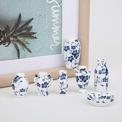 1:12 Dollhouse Miniature Accessory Ware, 7PCS Mini Delicate Blue and White Porcelain Furniture Decoration for Doll House
