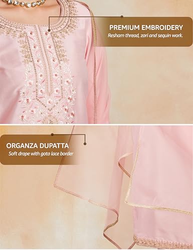 Image of Amazon Brand - Myx Women's Embroidered Kurta Pant Set with Organza Dupatta | Salwar Suit (Available in Plus Sizes)