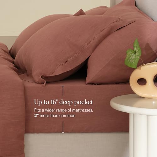 Double Stitch by Bedsure Linen Lyocell Sheet Set - Breathable King Sheet Set, Natural Luxury Bedding Set, Perfect for Housewarming Gift, 1 Fitted Sheet, 1 Flat Sheet, 2 Pillowcases, Brick Rose