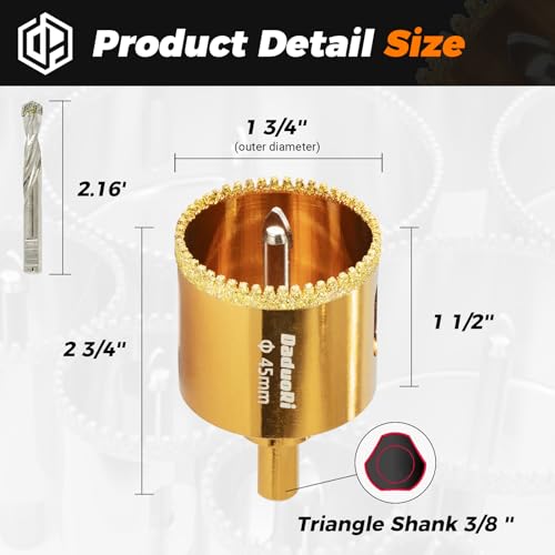 Image of 1-3 /4 inch Serrated Diamond Hole Saw with 2Pcs Removable Pilot Bits, Easy-Align for Precise Drilling in Porcelain, Ceramic Tile, Granite, and Marble (1.75 inch Tile Drill Bit)