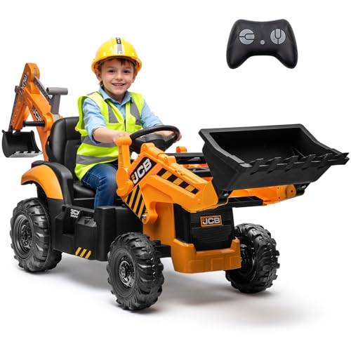 First Ride On JCB 3CX Licensed 24V Excavator Ride On Toys for Kids, Backhoe Digger Toy with Reversible Seat, Removable Front & Rear Arms, Remote Control, Electric Construction Car for Boys Girls (24V)