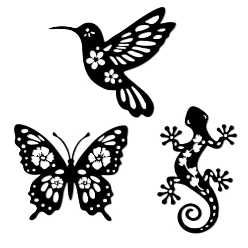 YATEASLU Metal Butterfly Wall Decor - Wall Decor with Butterfly, Gecko and Bird Decorations, Durable Metal Outdoor Wall Art for Garden, Patio, Outdoor Fence Decor, Matte Black Finish