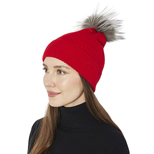 100% Real Cashmere Hat with Genuine Fox Fur Pom Pom – Ultra-Soft Knit Luxury Beanie for Women, One Size Cashmere