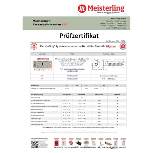 100x MEISTERLING® Fassadenschrauben INOX V2A 4,8 x 32 mm – Flachkopf Torx T20 + 1 Bit – Anthrazit