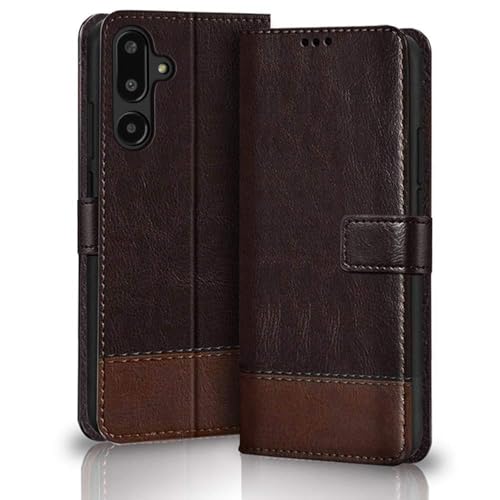 Image of TheGiftKart Flip Back Cover Case for Samsung Galaxy M56 5G / F56 5G | Dual-Color Leather Finish | Inbuilt Stand & Pockets | Wallet Style Flip Back Cover Case (Faux Leather, Coffee & Brown)