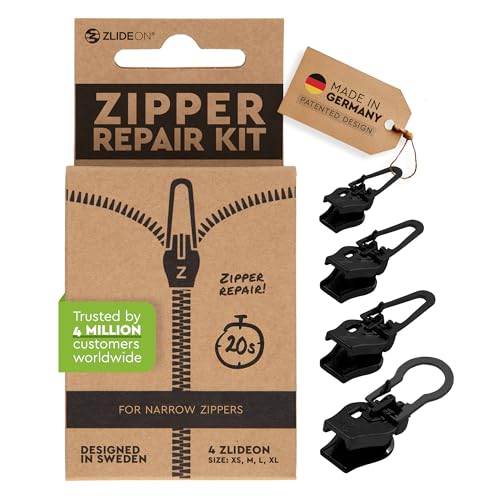 Zlideon Reißverschluss Reparaturset für schmale Reißverschlüsse – 4 Stück, Schwarz | Sofortiger Ersatz-Schieber für Kleider, Bettwäsche, Innentaschen von Handtaschen