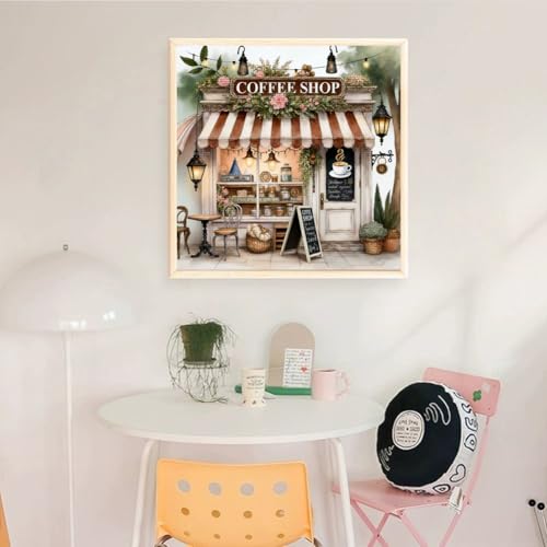 Image of KYOQFVN Coffee Shop Cross Stitch Kits for Adults - House Embroidery Kits for Beginners Adults, 11 CT Patterns Dimensions Counted Cross Stitch Kits for Adults Arts Craft 14x14 inch