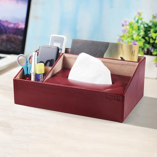 CLADD INTERNATIONAL Vegan Leather All in One Desk Organizer Storage with Tissue Box | Cutlery | Bursh | Stationery Supplies | Use Home Kitchen | Office Accessories | Makeup Compartment | Maroon
