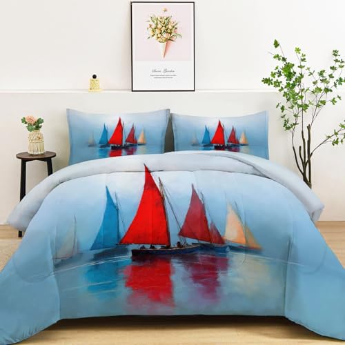 Genérico Edredon Nordico 220 x 240 cm con 2 Fundas de Almohada 50 x 75 cm, Edredón Reversible Suave de 4 Estaciones Pintado A Mano Costa Velero Arte - Juego de Cama Estampado Gris-Azul