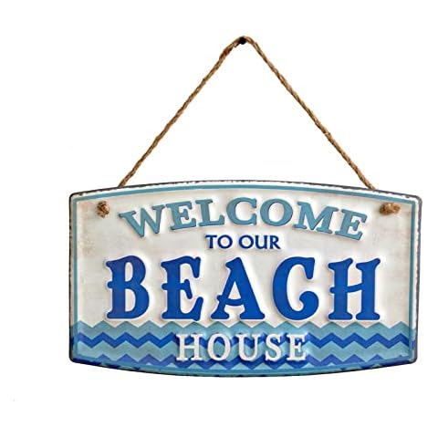 Welcome to Our Beach House Metal Hanging Sign for Front Door, Porch, Living Room, Vintage Beach House Welcome Sign, Beach Wall Decor, Embossed Lettering with Rope, Antique Blue 15.75" x 9" Cover