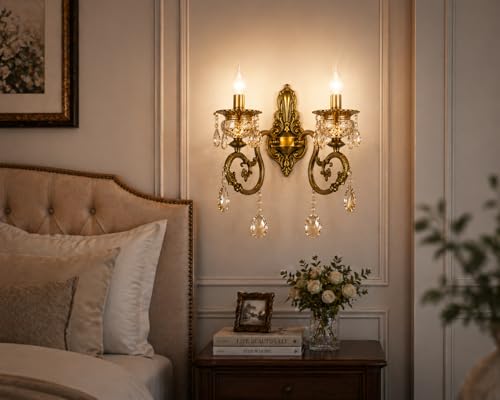 Image of Italian Wall Lamp, Antique Gold Finish, Double Light Wall Lamp with Decorative Crystals with Filament Bulb (Warm White) (Corded Electric, Glass)