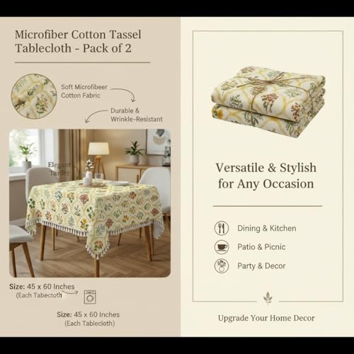 Image of RRC Microfiber Cotton Table Cloth Pack of 2 for 4 Seater Dining Table, 45 x 60 Inch Rectangular Printed Table Cover with Tassels, Washable, Durable & Fade Resistant