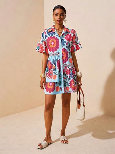 Image of SOLY HUX Women's Floral Button Down Shirt Dress Collared Short Sleeve Ruffle Babydoll Summer Boho Vacation Short Dresses