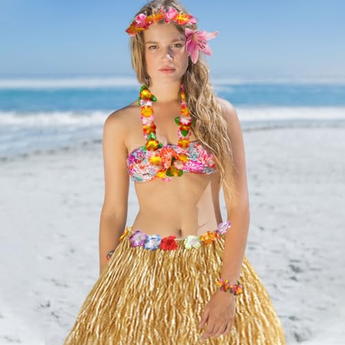 FUIPVGI 5 Stück Hawaii Party Kostüme Set, Hawaii Hula, Gras Röcke Hawaiian, Grass Rock Set, Hawaii Kette Blumen, hawaiianischer Grasrock, Tropische Party Dekorationen, für Party Fancy Dress