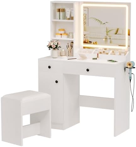 KAMABOKO Vanity Desk with Mirror and Lights, Makeup Vanity Table with Drawers & Shelves, Power Outlet, Dressing Table with Jewelry Storage for Bedroom (007 White)