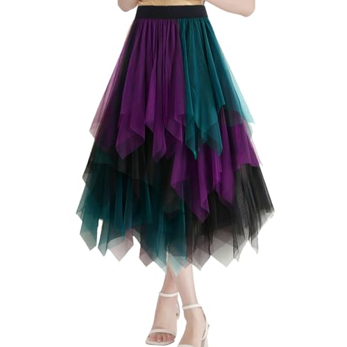 YOUYIKE Tüllrock Damen Lang Plissiert Zipfel Hexenrock Bunt Vokuhila Gothic Pfau Kostüm Feenkleid Korsagenkleid Stufen Ballonrock