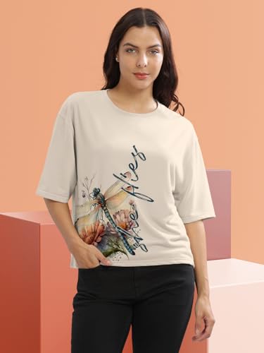 Image of HELLCAT Beige Printed Loose Fit Crew-Neck Crop T-Shirt for Women