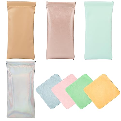 Image of LUTER 4 Pcs Soft Glasses Cases, 7x3.5 Inch PU Leather Reading Eye Glasses Pouch Case with 4 Cleaning Cloth Portable Small Slim Sunglasses Pouch Squeeze Top for Women Men Adults Kids (Multiple Colors)