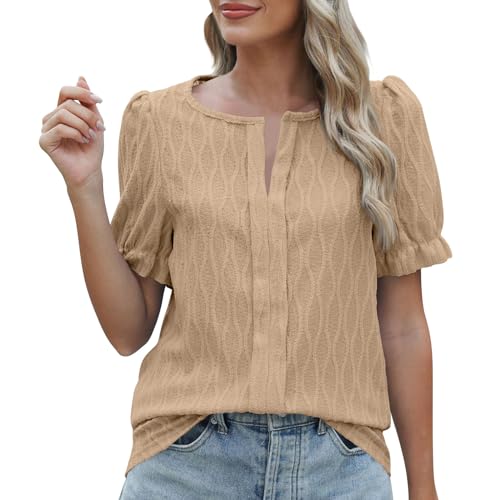 Women's Ruffle Puff Short Sleeve Tops Summer Casual Textured T