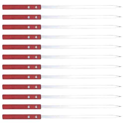 Pinchos de metal para brochetas, 12 brochetas planas de acero inoxidable de 16 pulgadas para barbacoa con mango de madera para asar carne, pollo, camarones, verduras y más decoración.