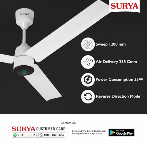 Image of Surya Roshni 1200mm Smart BLDC Ceiling Fan with Remote Control, 5-Star Energy Efficient Motor, LED Indicator, High Air Delivery & Low Noise Operation for Home and Office