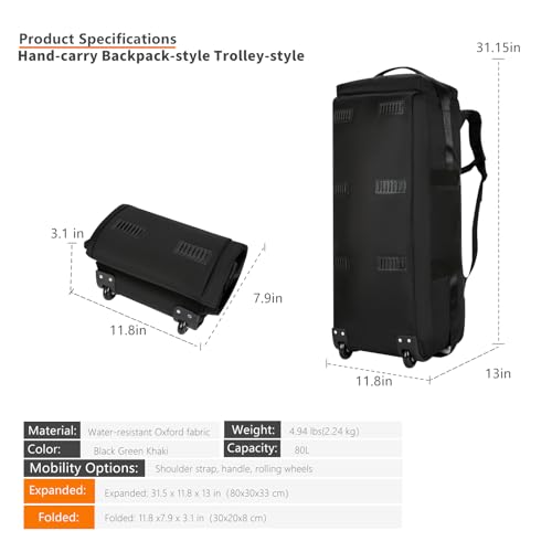Foldable Duffel Backpack with Wheels.80L Rolling Duffle Bag Luggage Suitcase Outdoor Sports Carry On Garment Bags for Travel Camp (Black)2