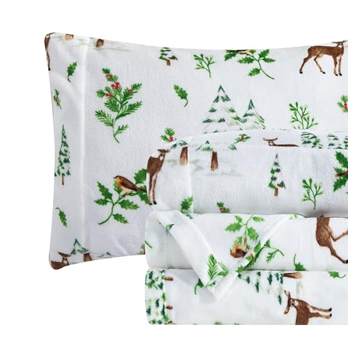 Elegant Comfort Luxuriously Soft 4-Piece Holiday Velvet Plush Flannel Sheet Set - Premium Quality - Cozy Warm, Christmas Fuzzy Velvet Flannel Fleece Deep Pocket Sheet Set - Twin, Enchanted Woods