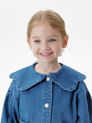marc & janie Girls Lace Large Lapel Denim Jacket Bubble Sleeve Cotton Outerwear Kids Button Down Tops 2501972