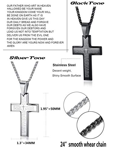 LOYALLOOK 2pcs Men's Stainless Steel Silver Black Tone Cross Pendant Lord's Prayer Necklace 24 Inch2