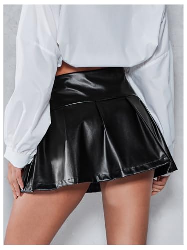 Floerns Women's High Waisted Leather Skirt Pleated Hem Club Party Mini Skirts2