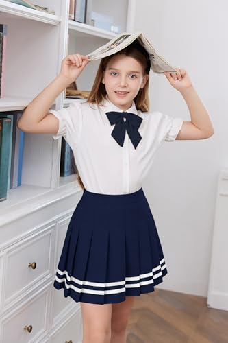 Image of Betusline Girls Skirt Set JK School Uniform 2-Piece Outfit - Short Sleeve Shirt with Bow & Webbing Style Solid Pleated Skirt,Webbing Navy Blue, 4-5 T = Tag 120
