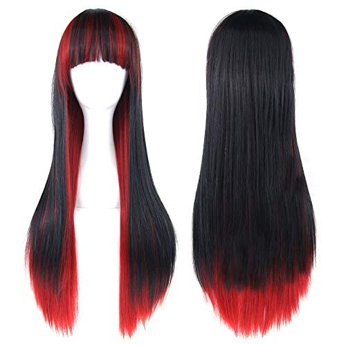 IMISSU 26 ''longue perruque de cosplay de cheveux naturels bouclés avec une frange colorée Perruques de fête d'Halloween pour femmes (Noir rouge) Cover