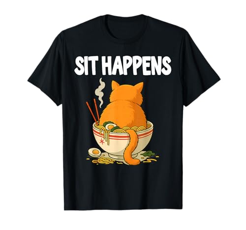 Funny Cat Ramen Bowl Sit Happens Orange Chubby Tabby Humor T-Shirt