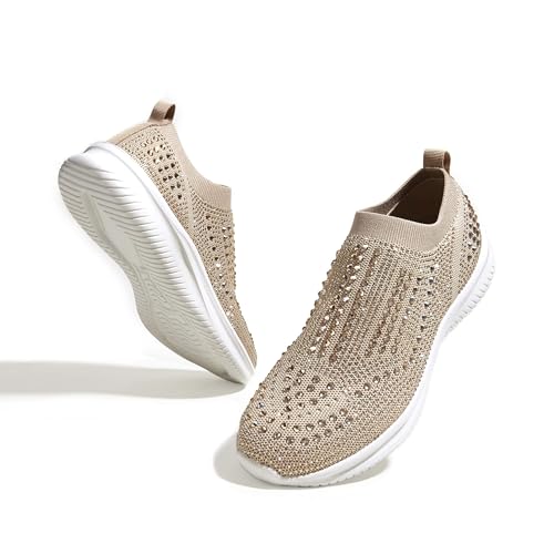 LUCKY STEP Damen-Laufschuhe mit Strass-Mesh zum Hineinschlüpfen, Modisch, Atmungsaktiv, Funkelnde Glitzer-Sneaker (Beige, 8US-38EU-5UK)