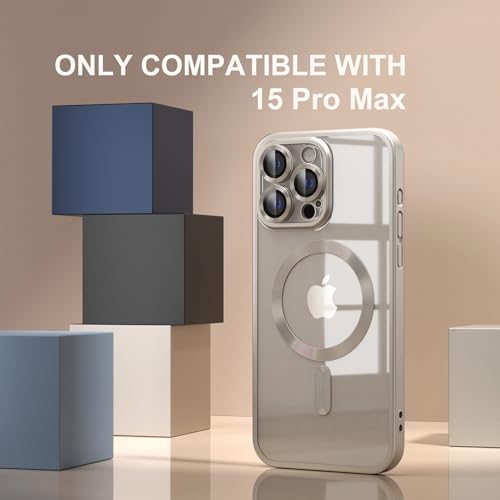 Image of Misea Magnetic for iPhone 15 Pro Max Case Compatible with MagSafe | Never Yellowing, Military Drop Protection, Full Camera Lens Protector Plating Soft Clear Phone Case Women, Titanium Natural